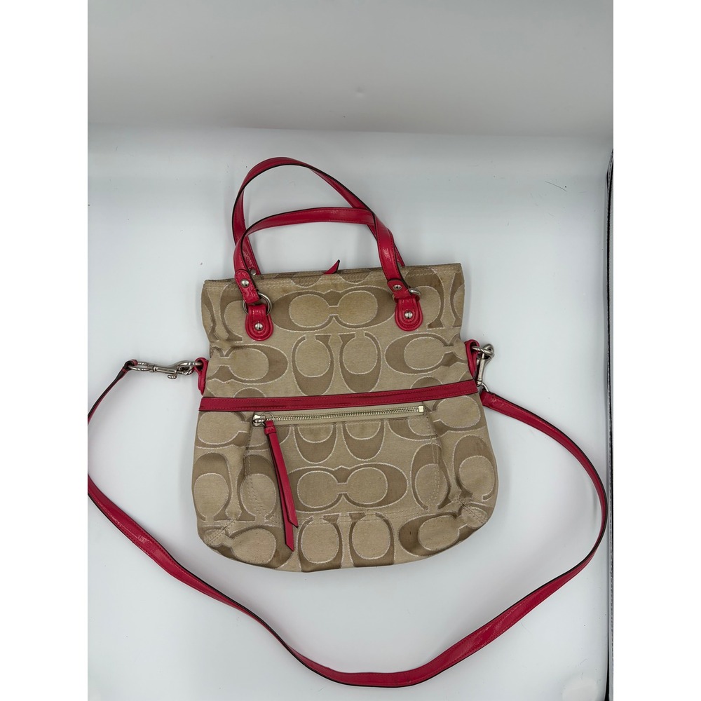 Coach Signature Daisy Tote Khaki Pink Canvas Leather Crossbody Bag 19861